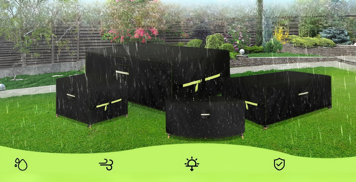 Set of outdoor furniture covers including rectangular table cover and four chair covers, all in dark gray color, arranged on wooden deck, with visible elastic hem and ventilation panels